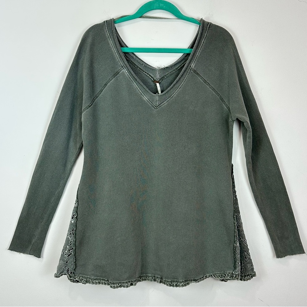 Free People No Frills V-Neck Embroidered Lace Oversized Top S Boho Beach